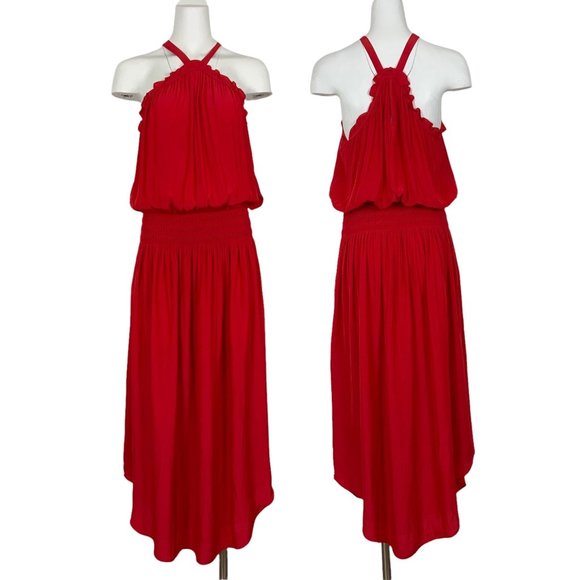 Ramy Brook Dresses & Skirts - Ramy Brook Chloe Dress M Bright Red Midi Halter Neck Ruffle Sleeveless Retro